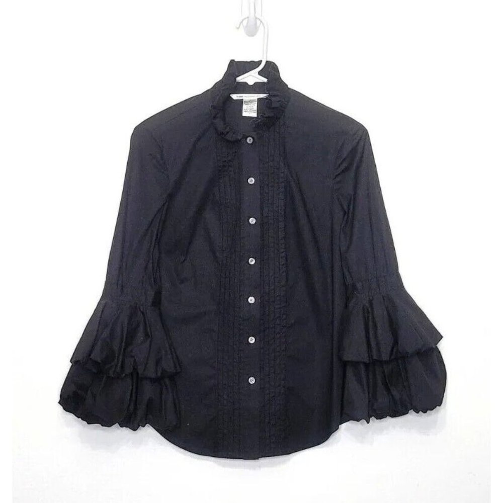 Diane Von Furstenberg Black GOYA Button Down Shirt Ruffle Top Puff Sleeve Size 6